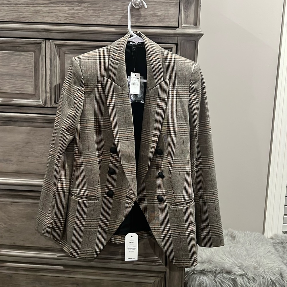 Express Knits Plaid Peak Lapel Double Breasted Blazer